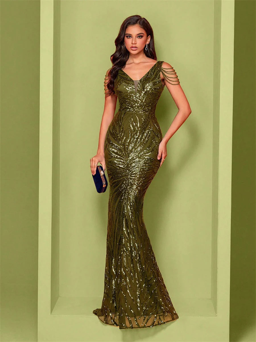 Sparkling Mermaid V-Neck Beaded Sequin Olive Green Floor-Length Prom Gown