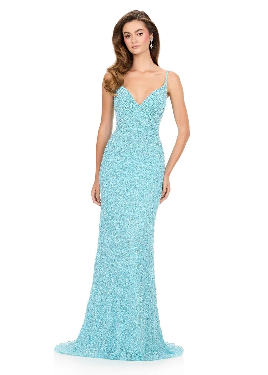 Sparkling Mermaid V-Neck Sleeveless Elegant Aqua Blue Floor-Length Prom Gown