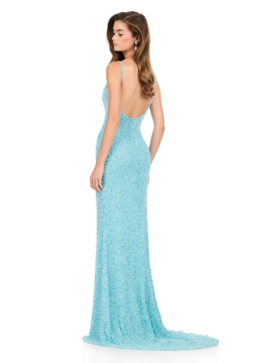 Sparkling Mermaid V-Neck Sleeveless Elegant Aqua Blue Floor-Length Prom Gown