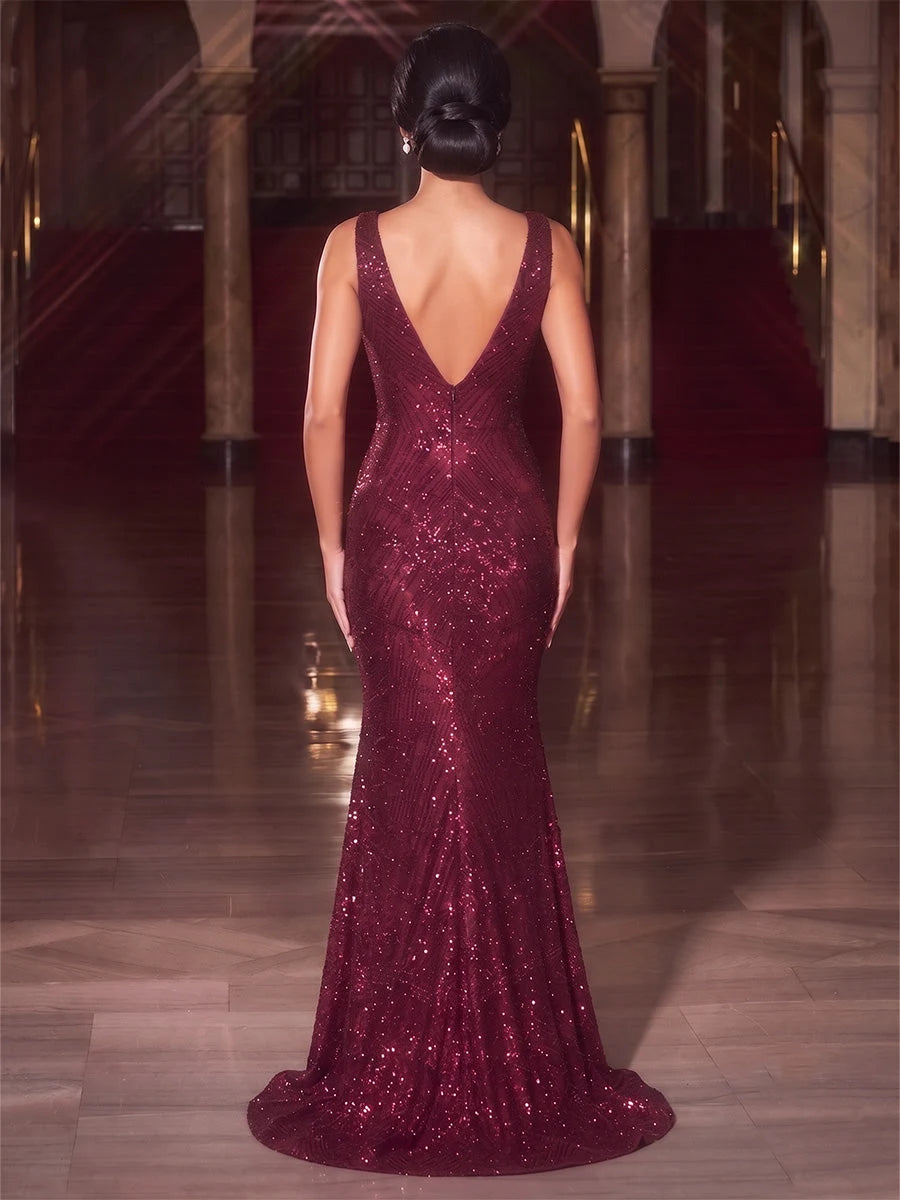 Sparkling Mermaid V-Neck Sleeveless Sequin Burgundy Floor-Length Prom Dresses for Women