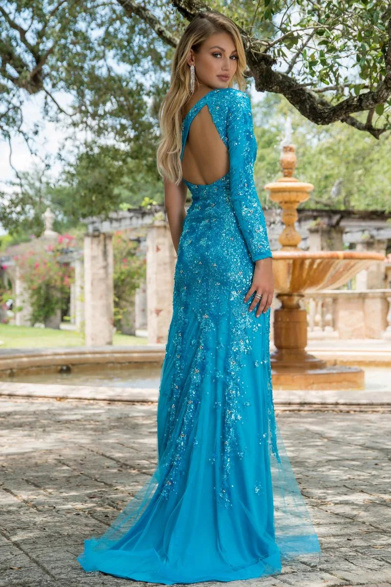 Sparkling One-Shoulder Long Sleeve Sequin Slit Teal Blue Floor-Length Prom Gown