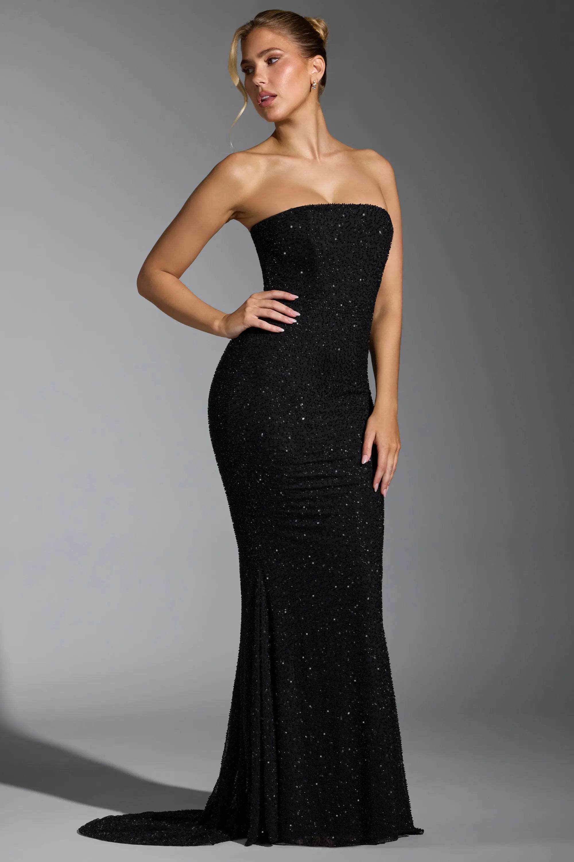 Sparkling Sequin Strapless Fitted Black Floor-Length Prom Dress Women Gown