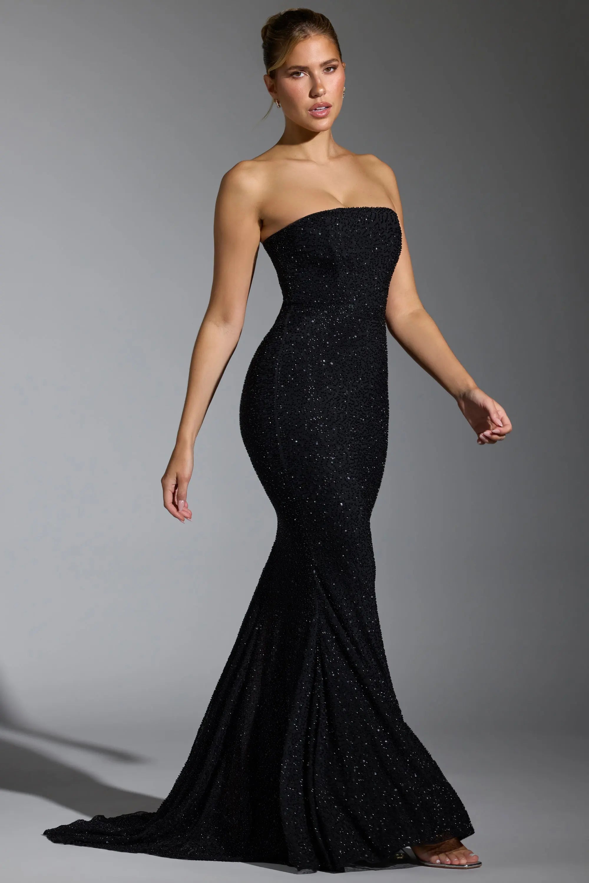 Sparkling Sequin Strapless Fitted Black Floor-Length Prom Dress Women Gown