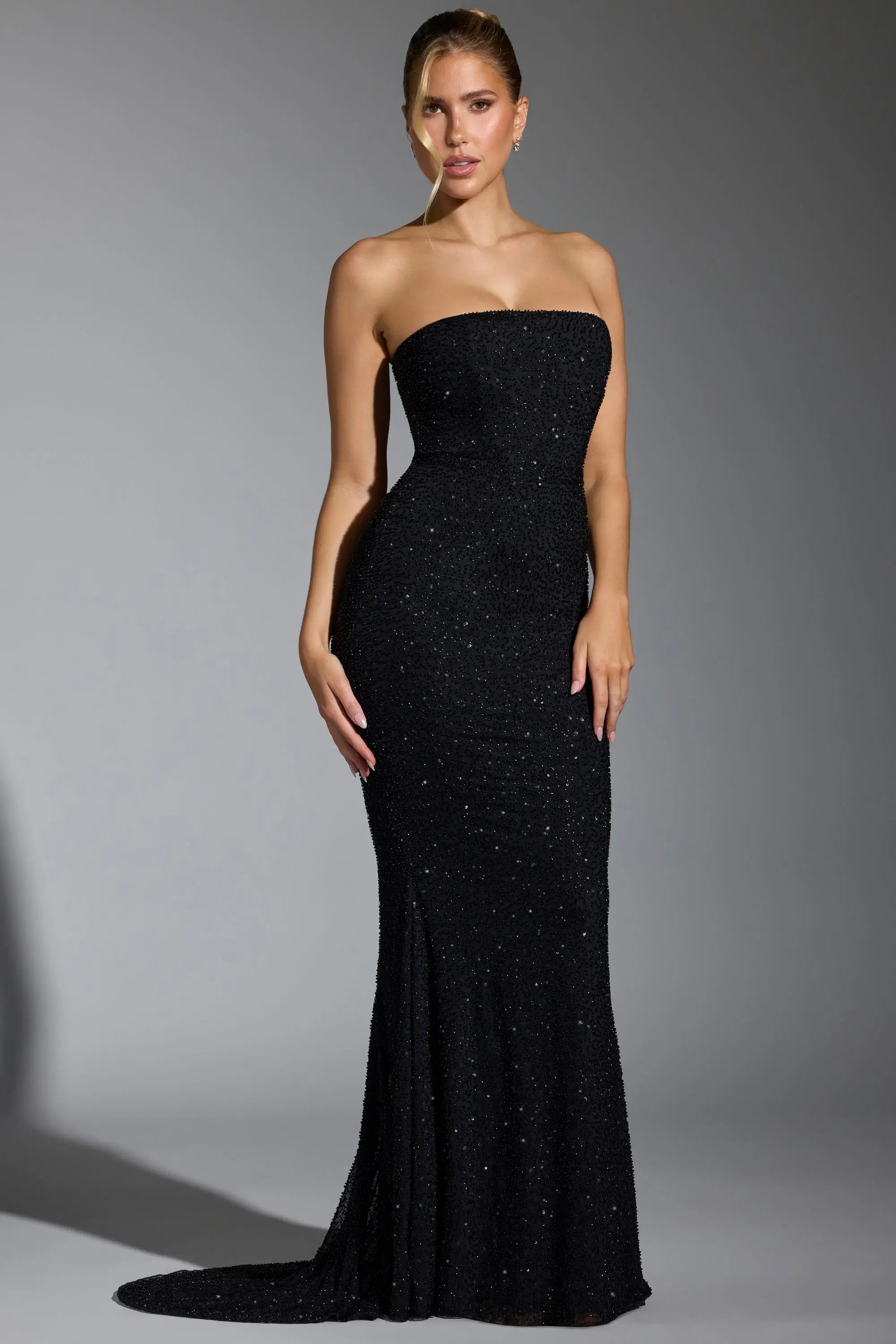 Sparkling Sequin Strapless Fitted Black Floor-Length Prom Dress Women Gown