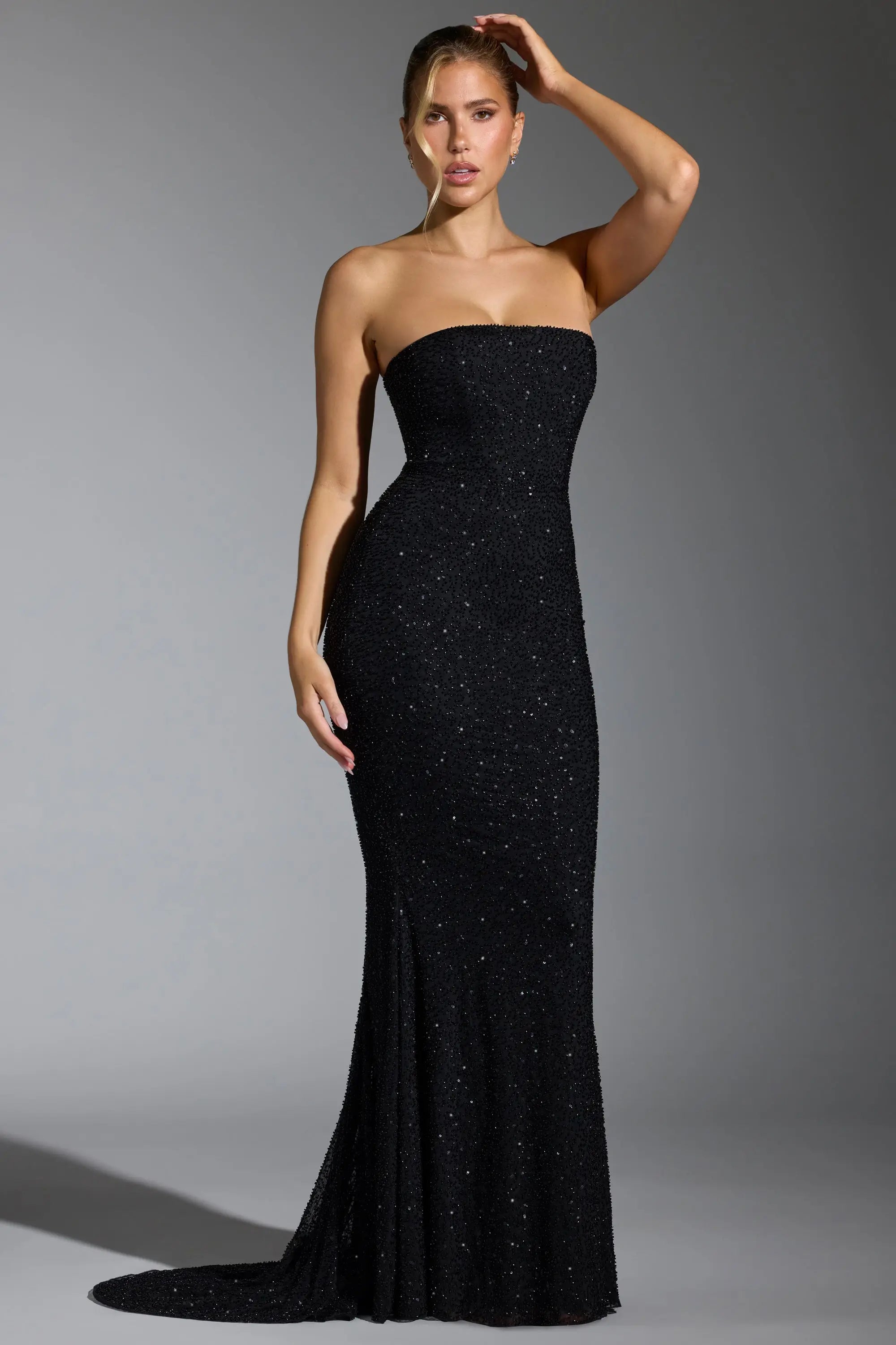 Sparkling Sequin Strapless Fitted Black Floor-Length Prom Dress Women Gown