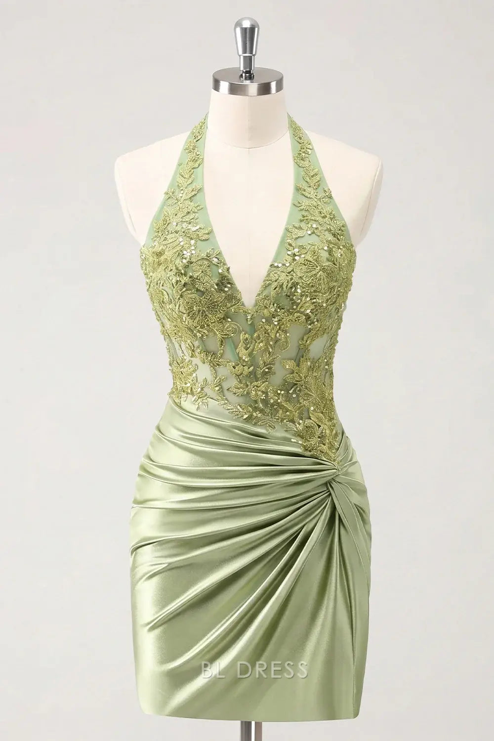 Sparkling Sheath Halter Beaded Ruched Sage Green Short Homecoming Dress for Women