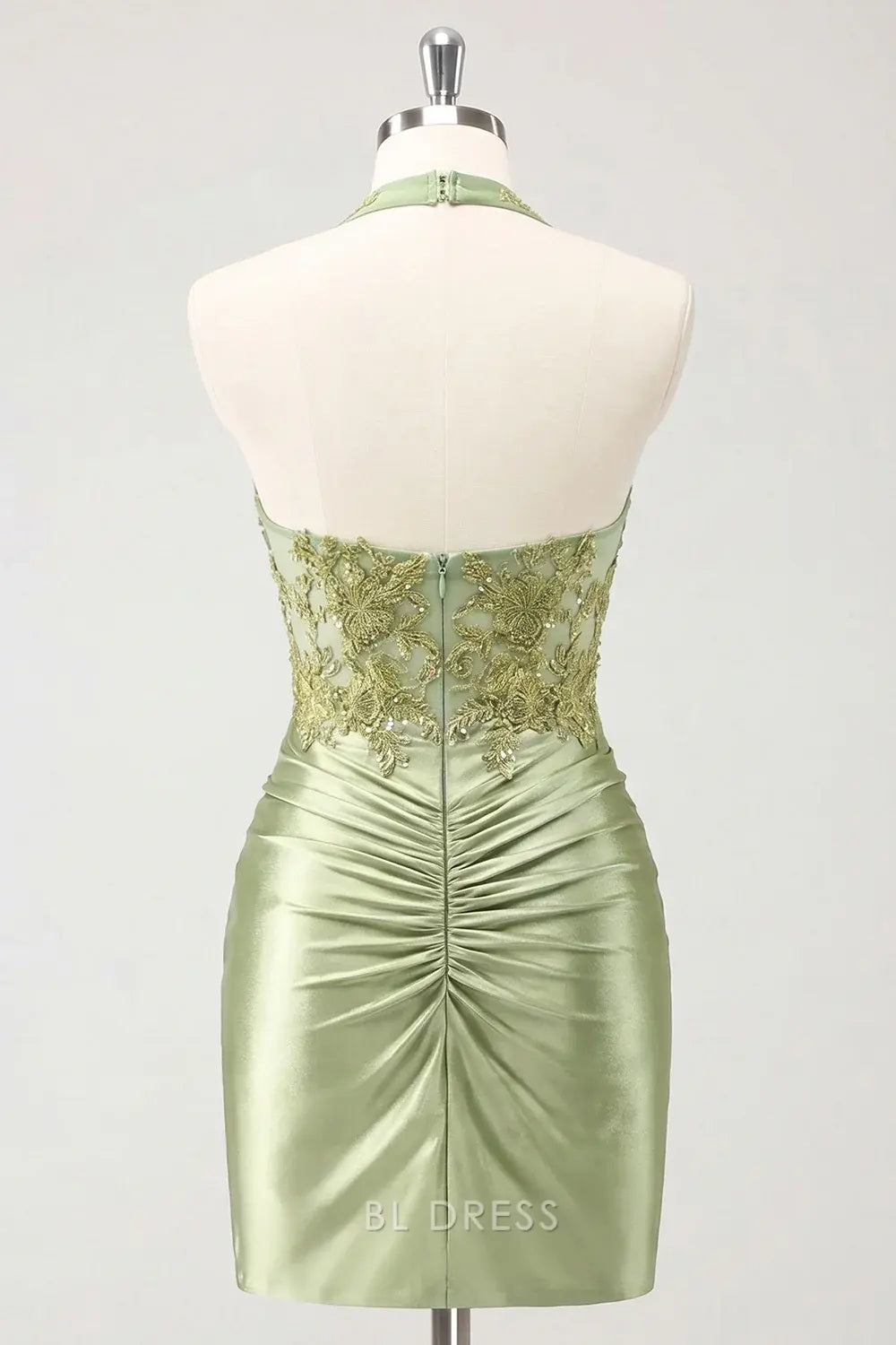 Sparkling Sheath Halter Beaded Ruched Sage Green Short Homecoming Dress for Women