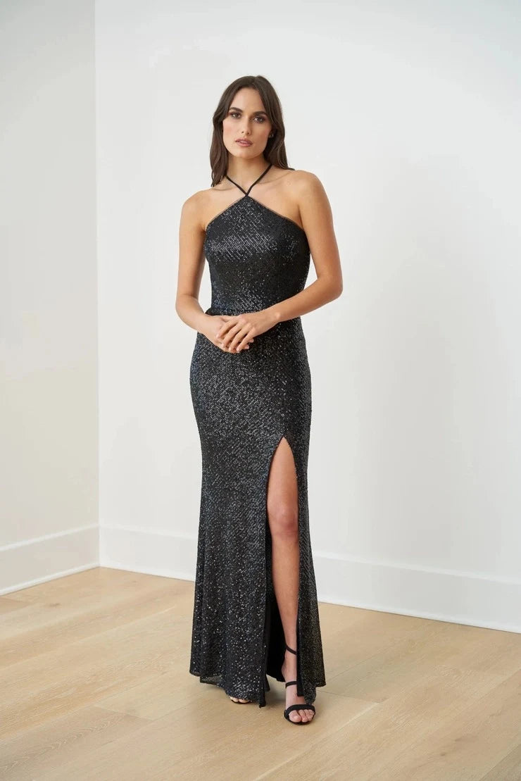 Sparkling Sheath Halter Neck Sleeveless High Slit Black Floor-Length Women's Prom Gown