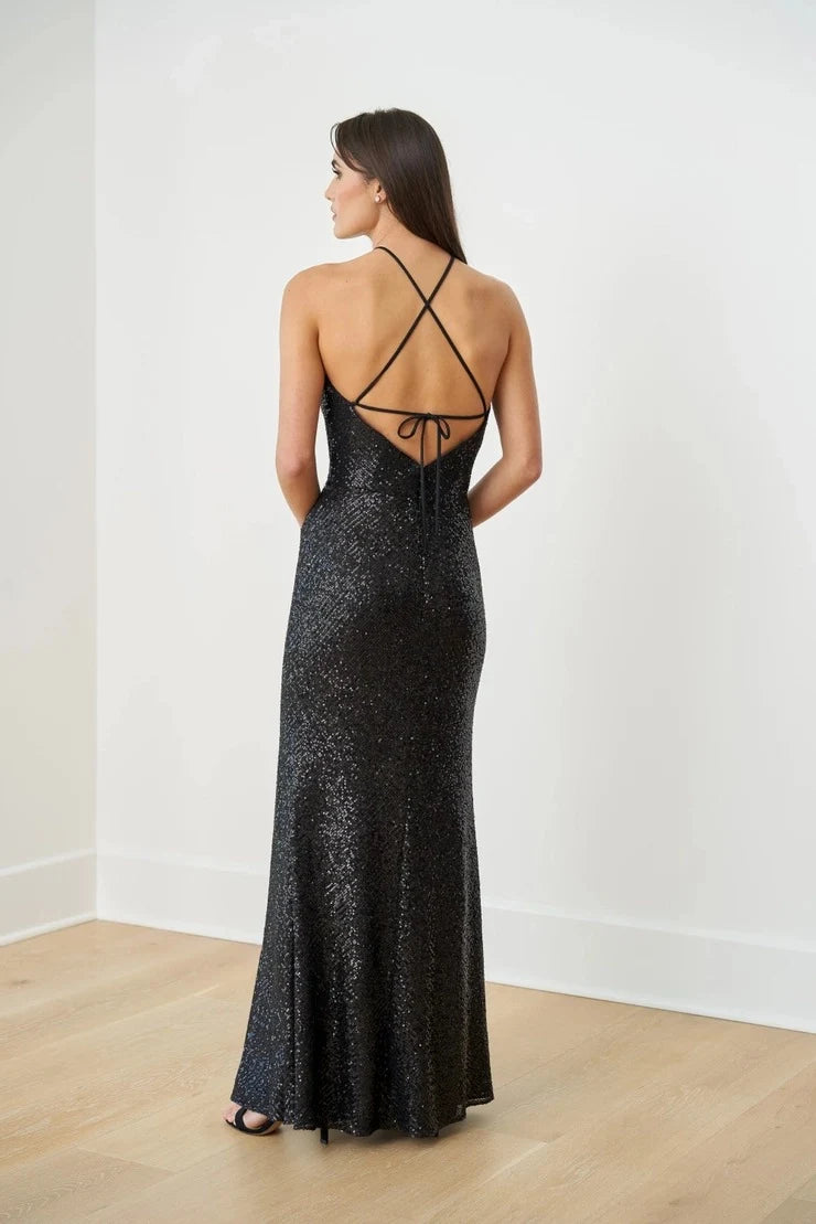 Sparkling Sheath Halter Neck Sleeveless High Slit Black Floor-Length Women's Prom Gown