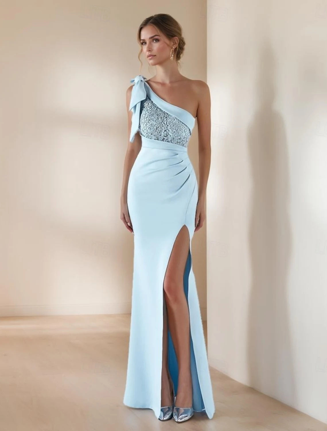 Sparkling Sheath Off-Shoulder Three-Quarter Sleeve Ruched Slit Rose Gold Prom Gown