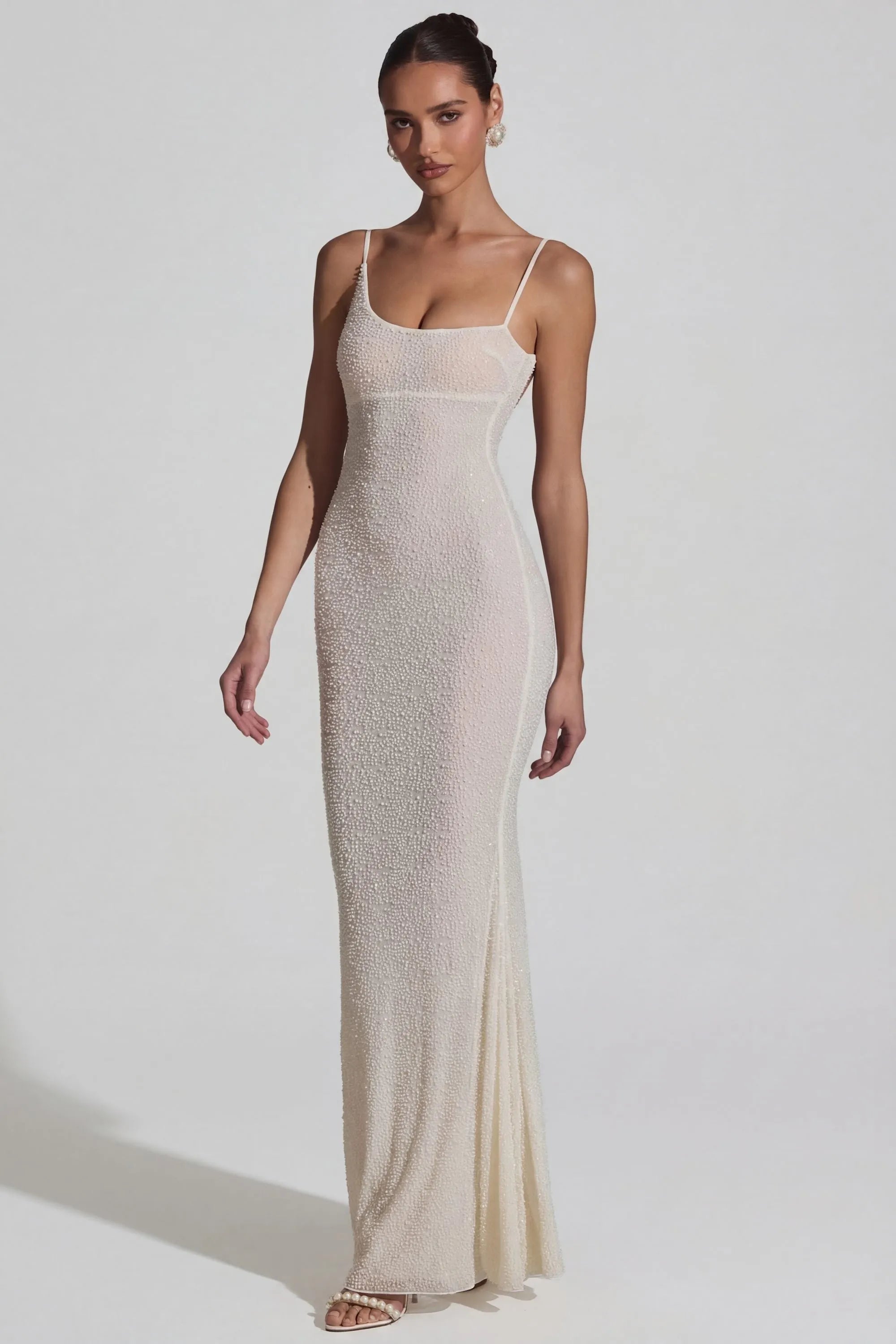 Sparkling Sheath Square Neck Sleeveless Beaded Backless Ivory Floor-Length Prom Dresses Gown