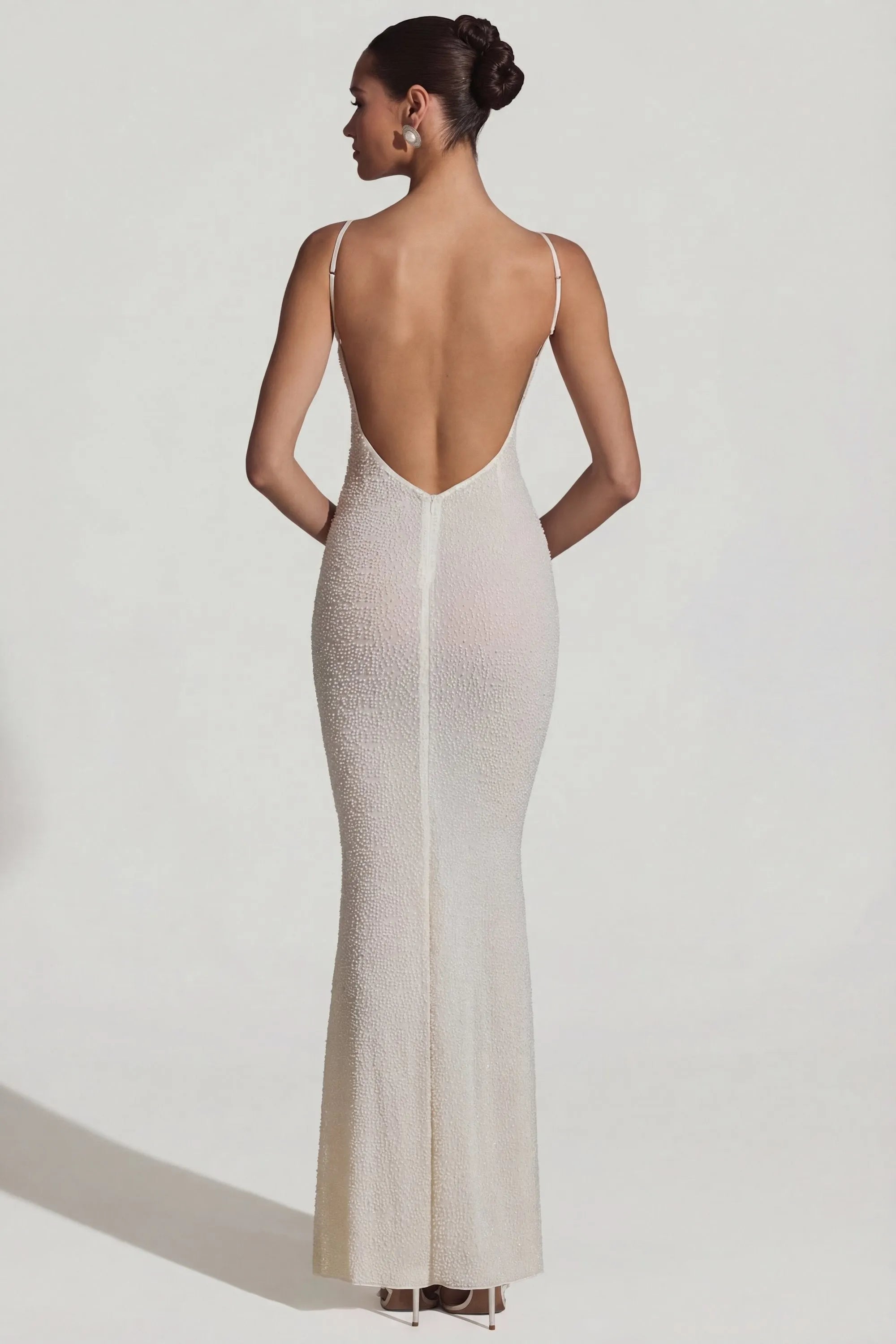 Sparkling Sheath Square Neck Sleeveless Beaded Backless Ivory Floor-Length Prom Dresses Gown