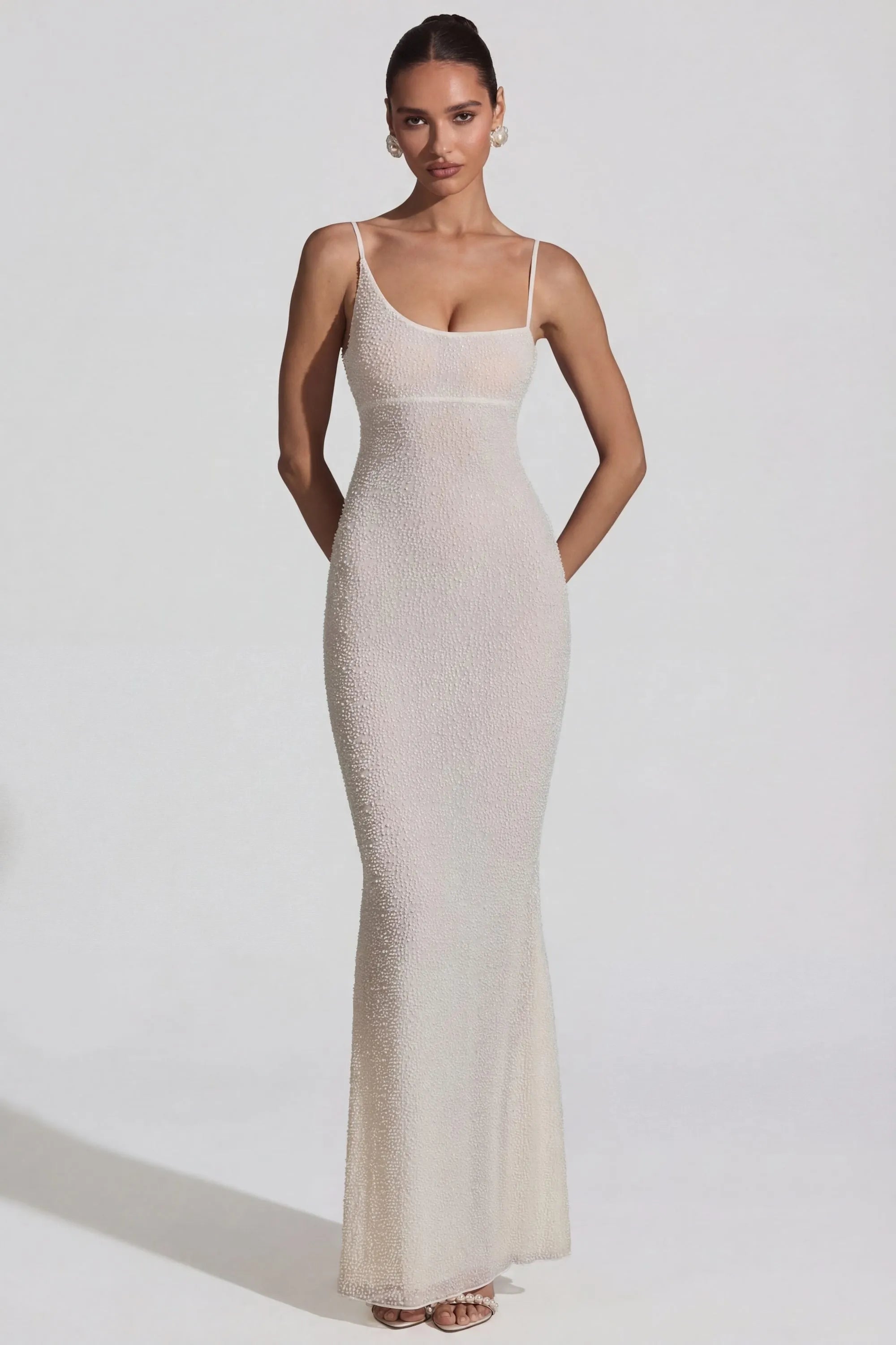 Sparkling Sheath Square Neck Sleeveless Beaded Backless Ivory Floor-Length Prom Dresses Gown