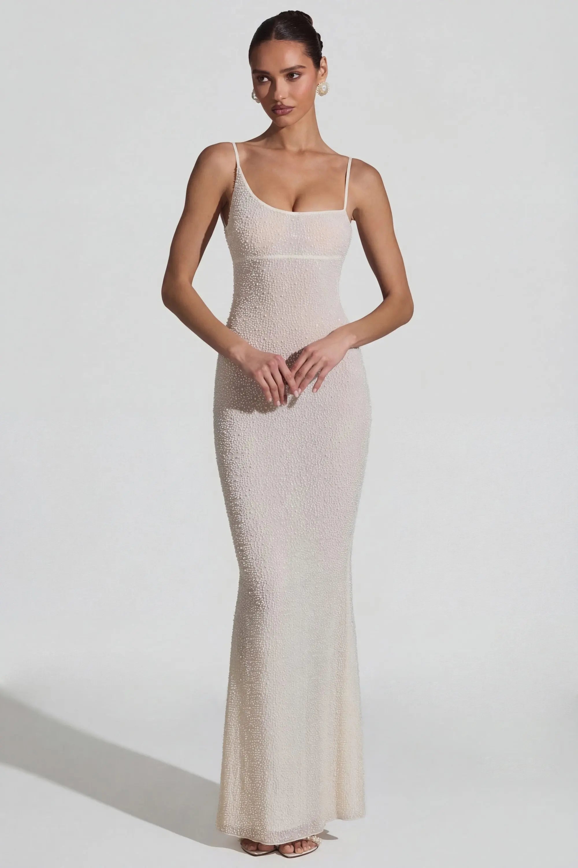 Sparkling Sheath Square Neck Sleeveless Beaded Backless Ivory Floor-Length Prom Dresses Gown