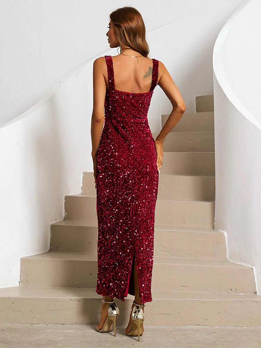 Sparkling Sheath Square Neck Sleeveless Elegant Wine Red Floor-Length Prom Dress