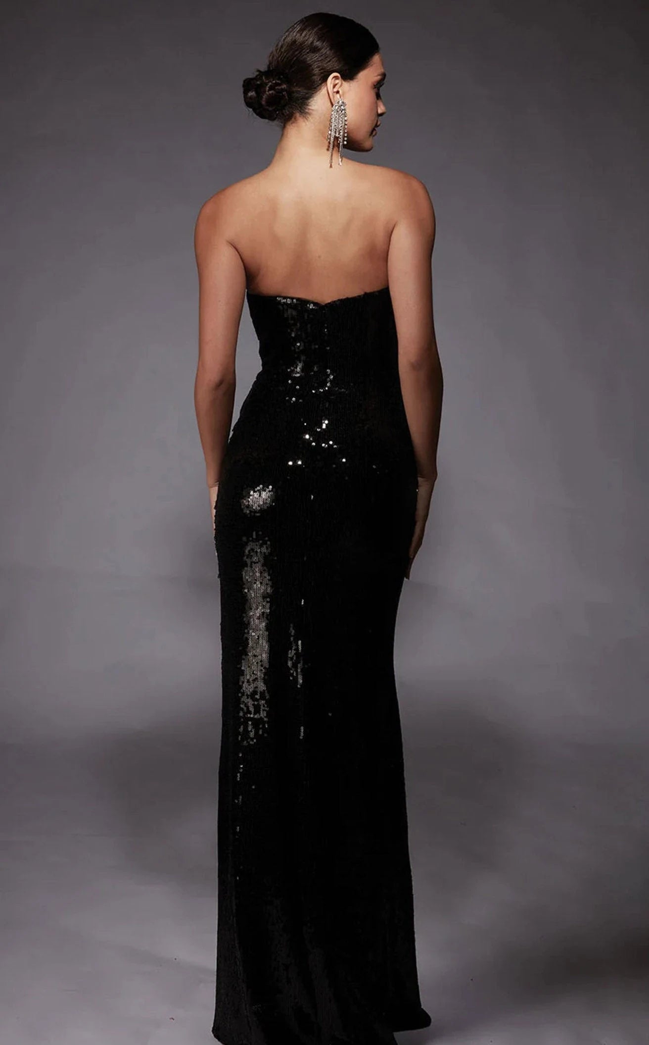 Sparkling Sheath Strapless High Slit Sequin Black Floor-Length Prom Dress