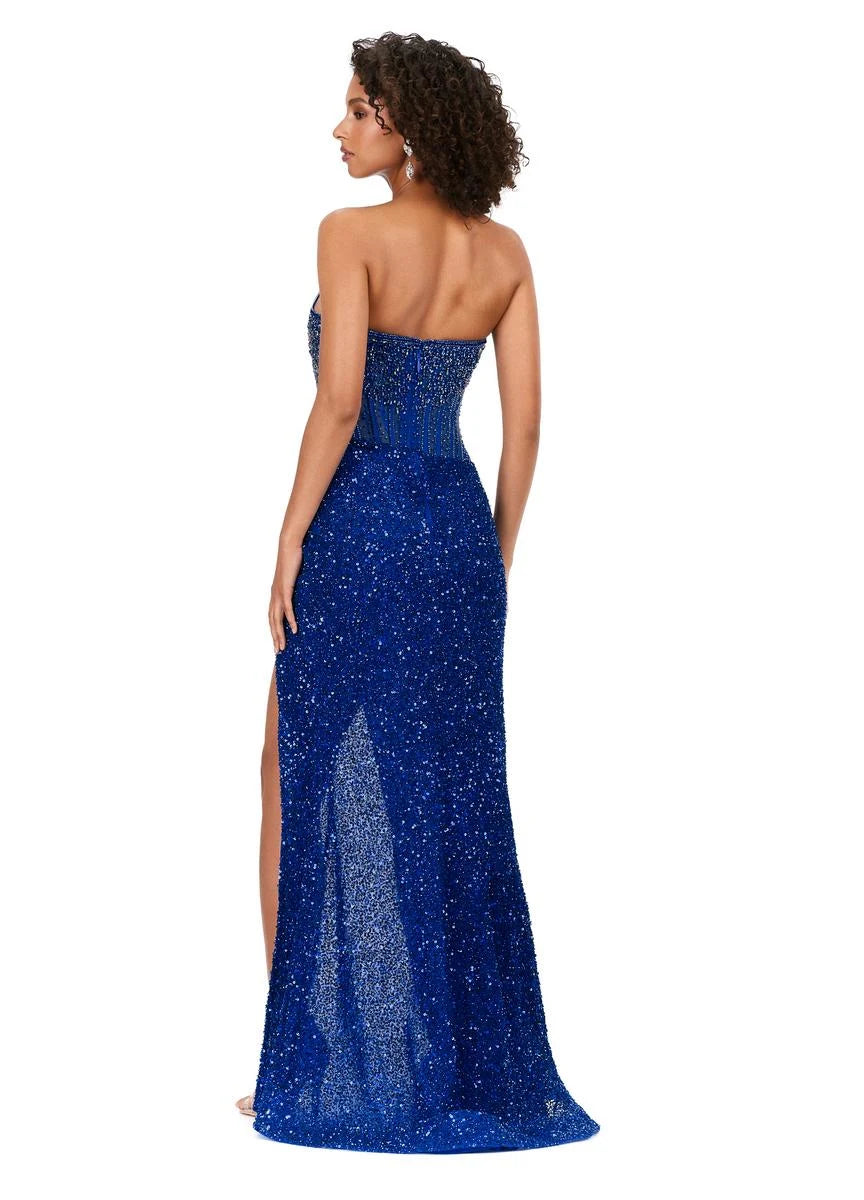Sparkling Sheath Strapless Sleeveless High Slit Corset Royal Blue Floor-Length Prom Dress