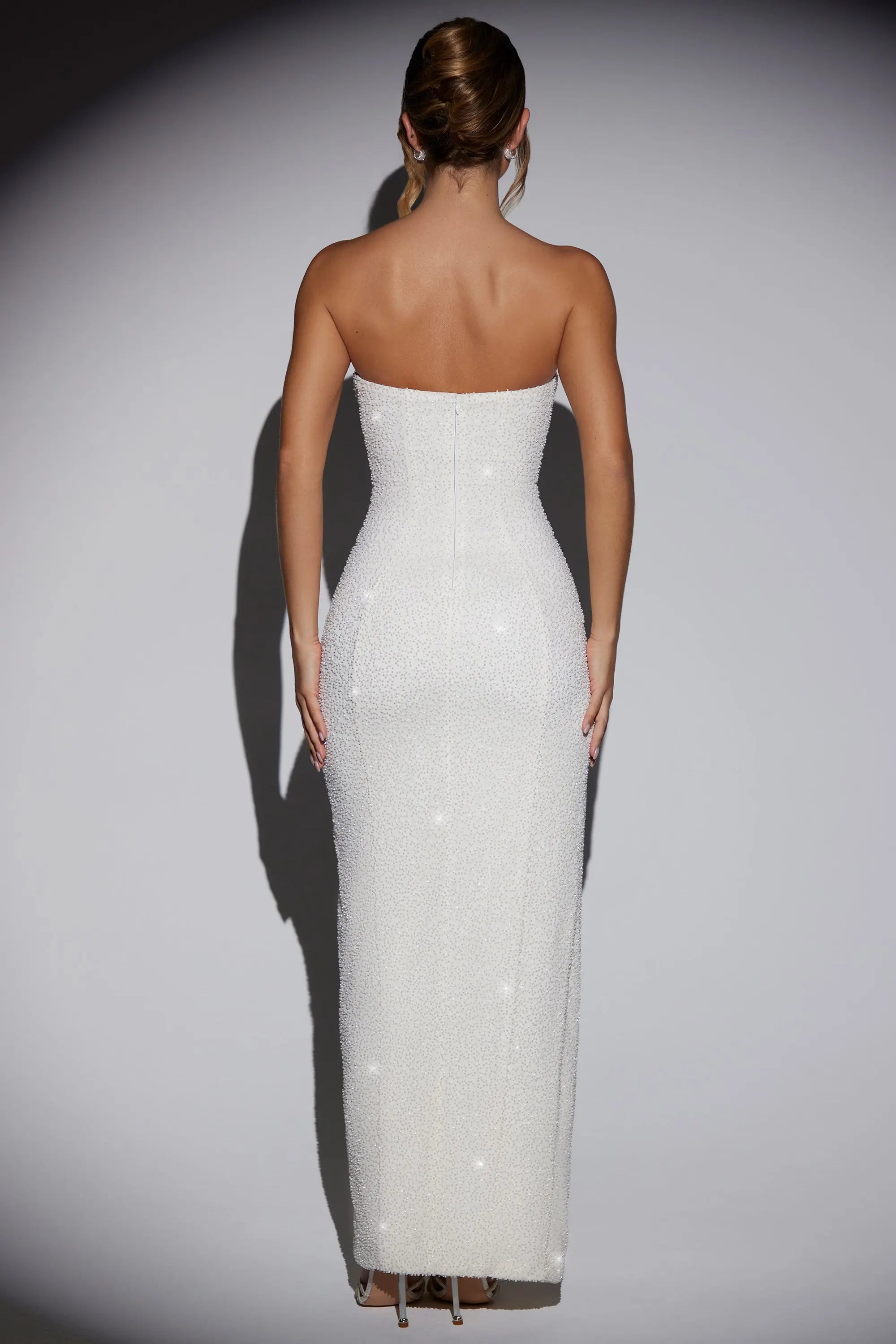 Sparkling Sheath Strapless Sleeveless High Slit Sequin White Floor-Length Prom Dress Women's Gown