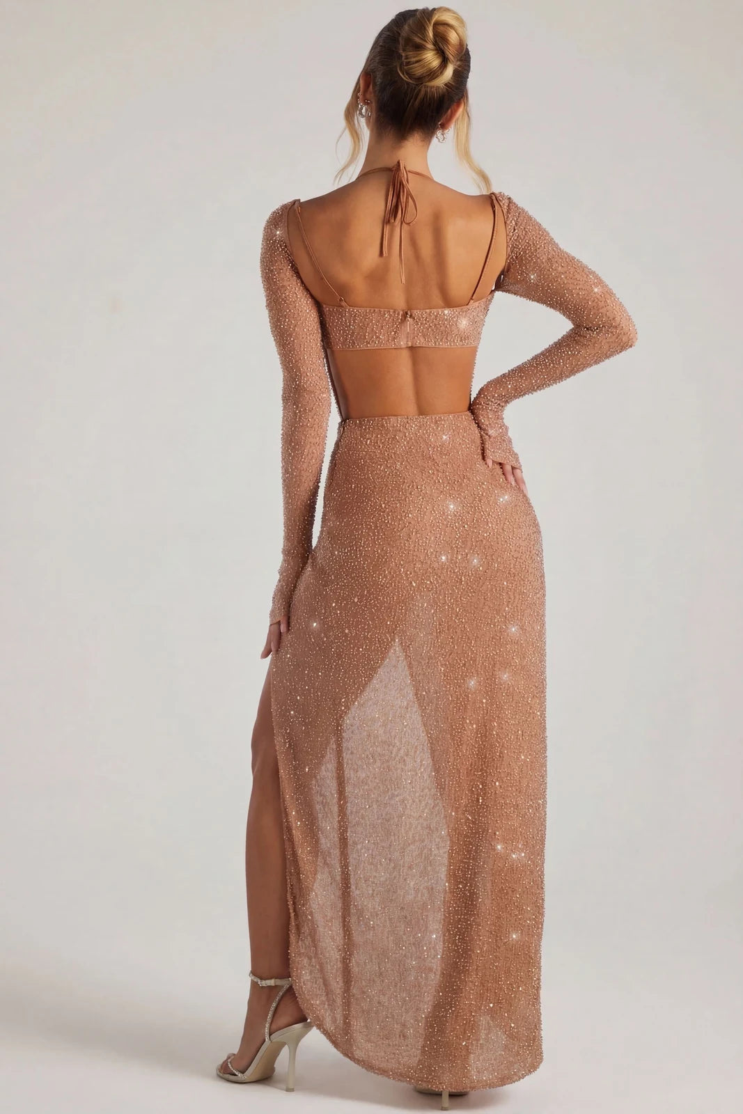Sparkling Sheath Sweetheart Long Sleeve High Slit Rose Gold Floor-Length Prom Gown