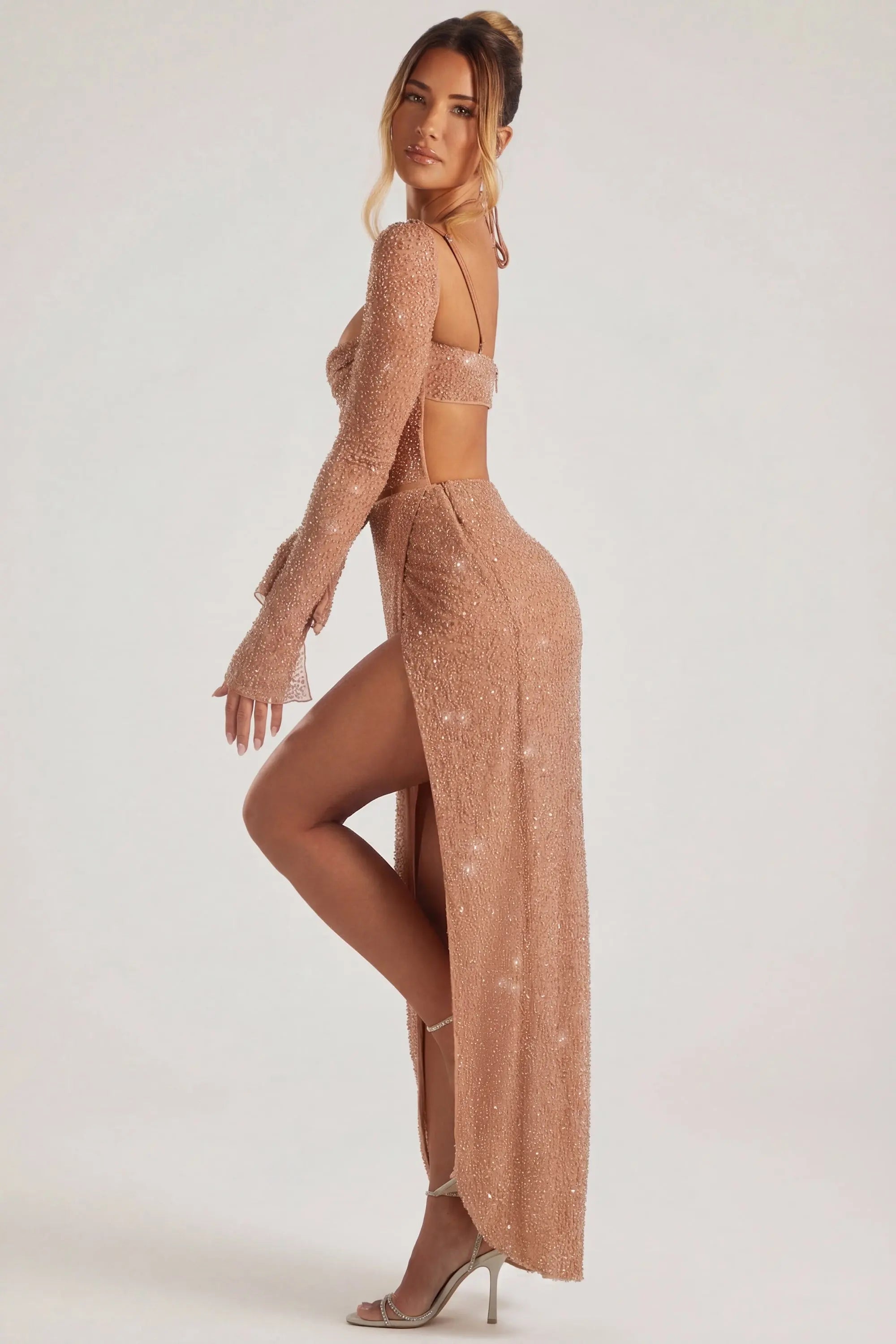 Sparkling Sheath Sweetheart Long Sleeve High Slit Rose Gold Floor-Length Prom Gown
