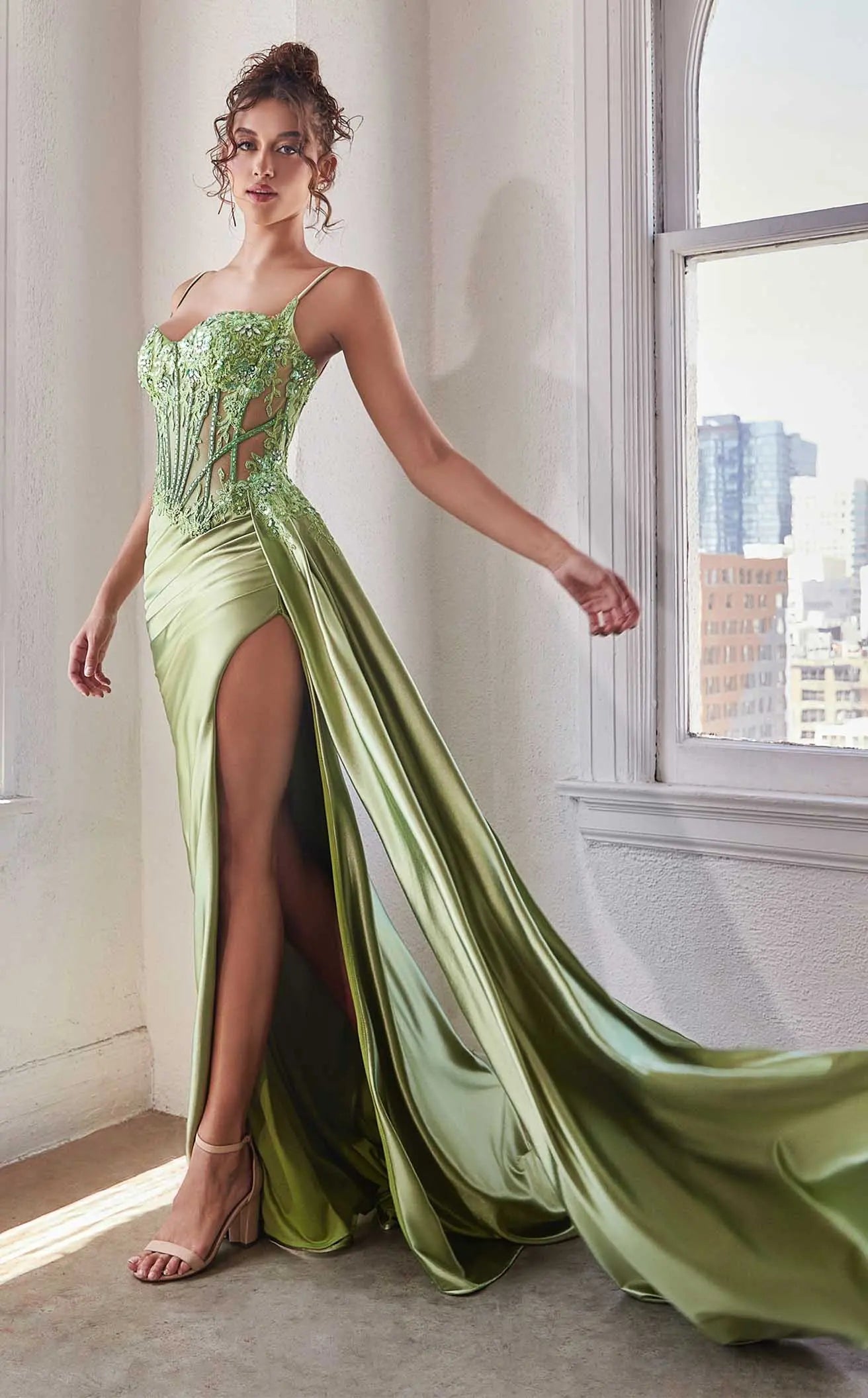 Sparkling Sheath Sweetheart Sleeveless Embellished Draped Sage Green Floor-Length Prom Dress Gown