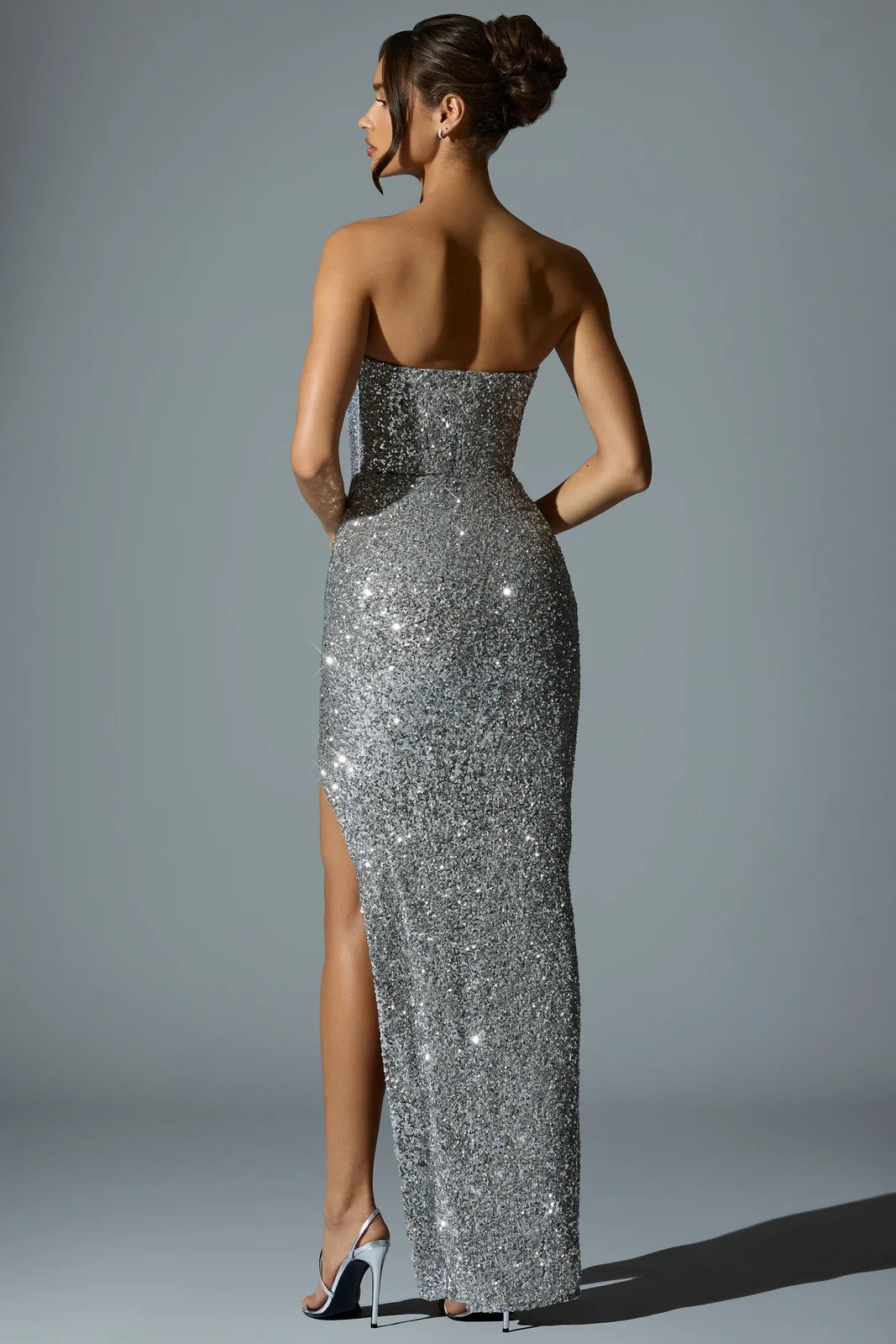 Sparkling Sheath Sweetheart Sleeveless High Slit Silver Floor-Length Prom Gown