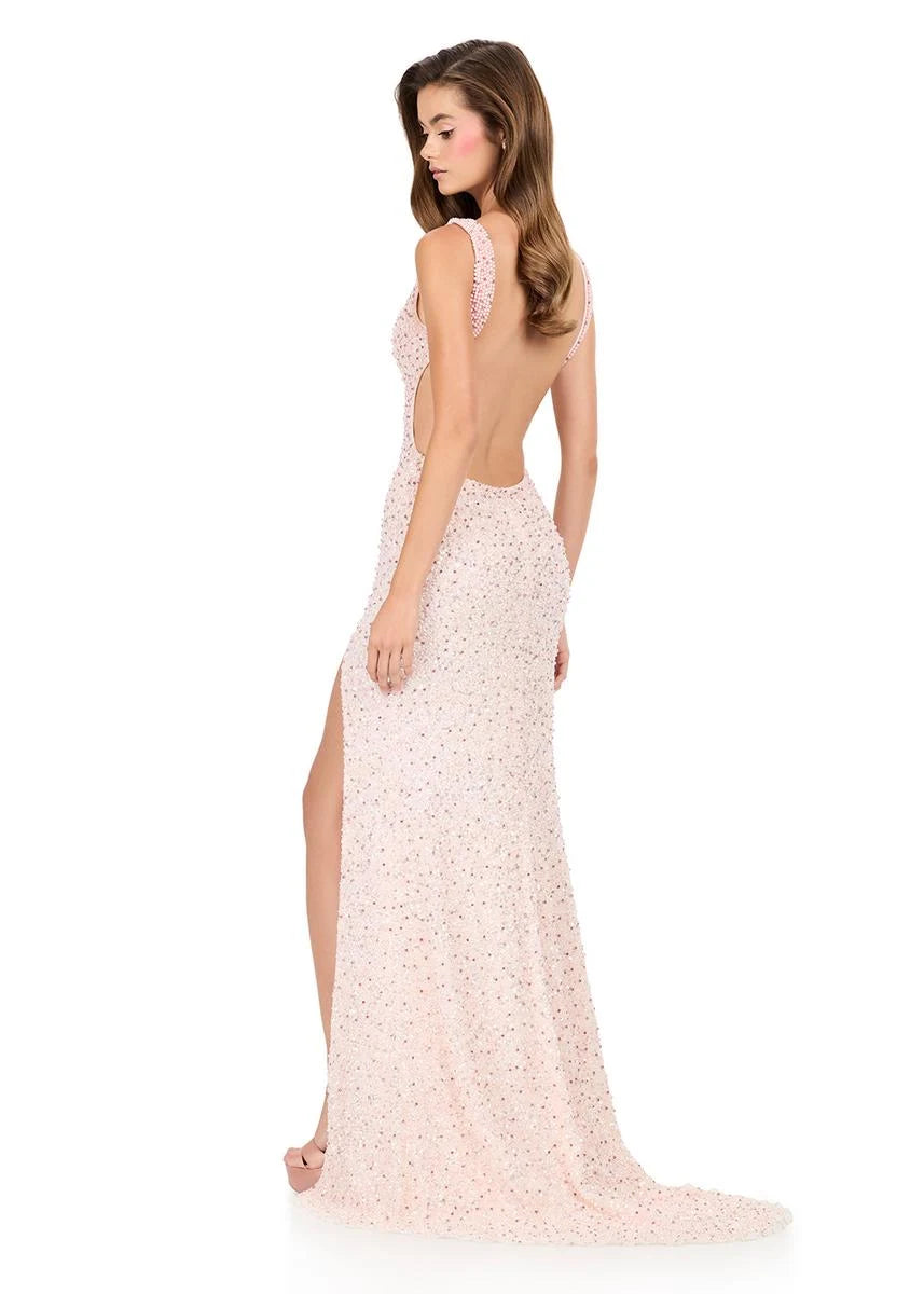 Sparkling Sheath V-Neck Sleeveless Beaded High Slit Blush Floor-Length Prom Dress