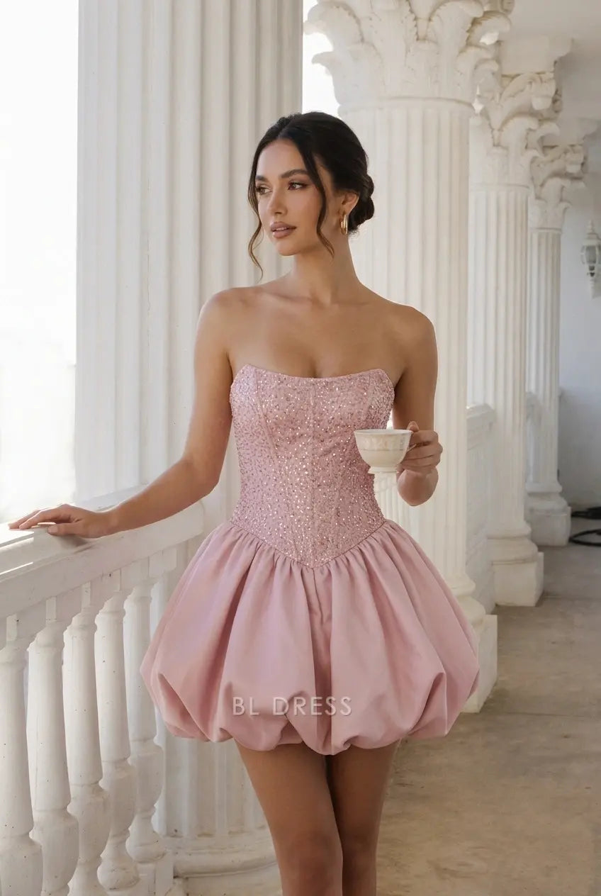 Sparkling Strapless A-Line Beaded Puffy Pink Short Homecoming Dress Women