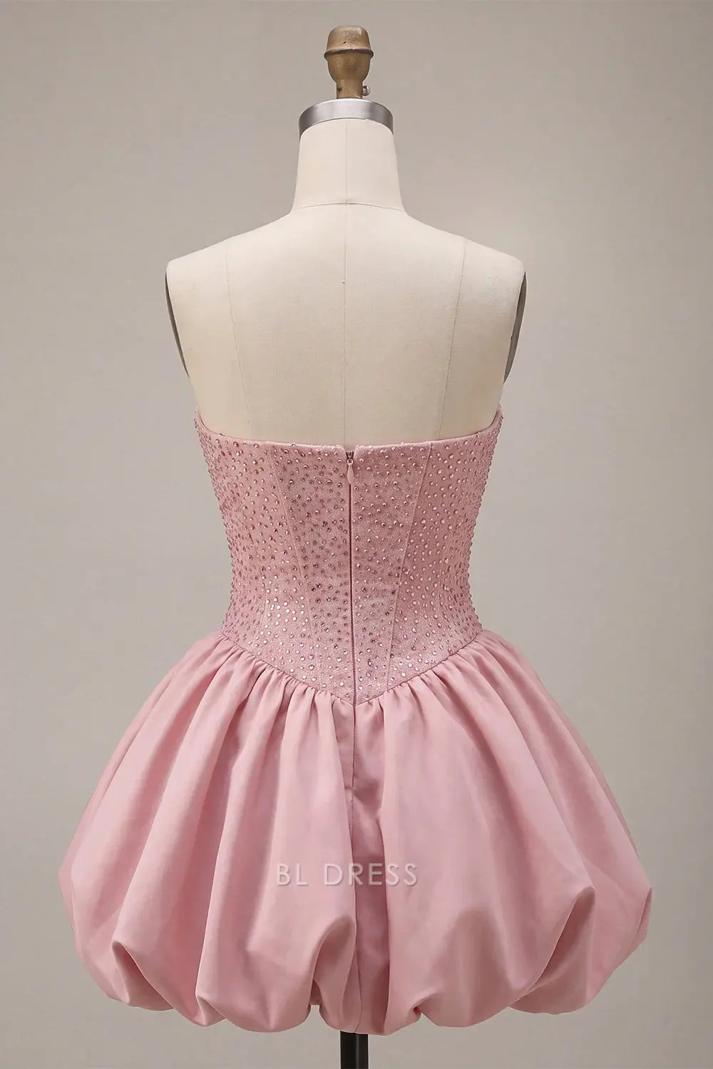 Sparkling Strapless A-Line Beaded Puffy Pink Short Homecoming Dress Women