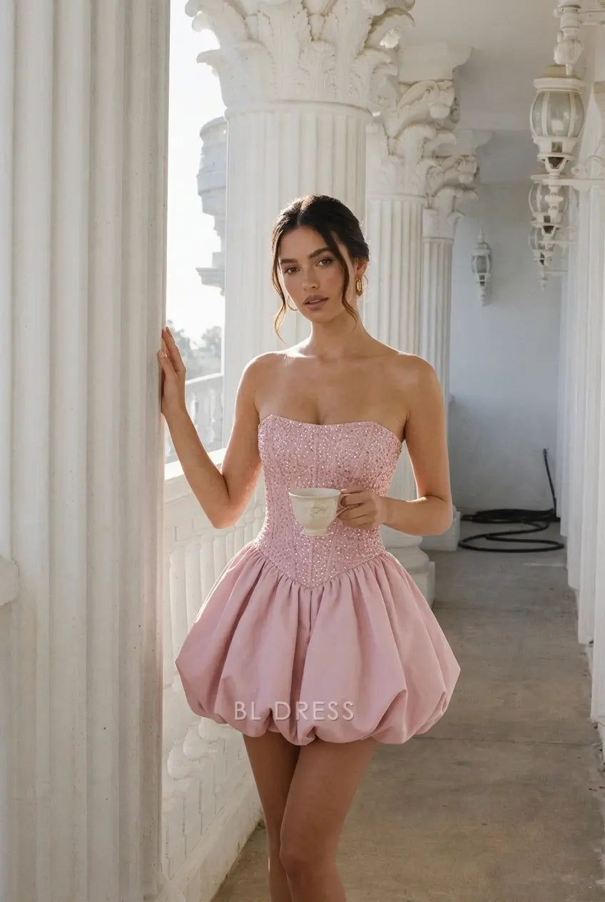 Sparkling Strapless A-Line Beaded Puffy Pink Short Homecoming Dress Women