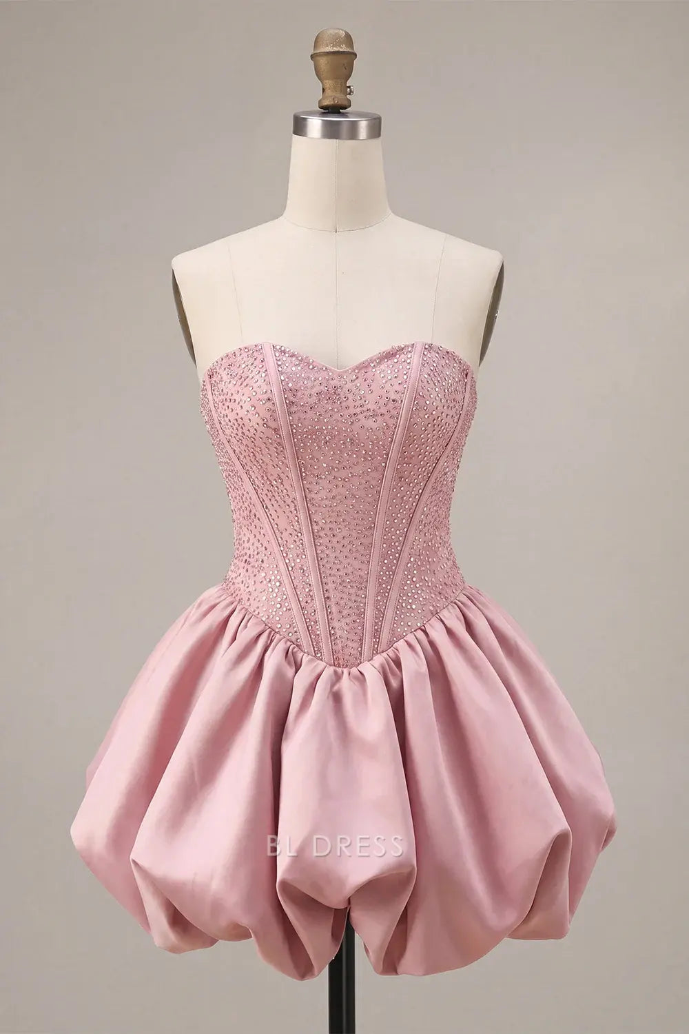Sparkling Strapless A-Line Beaded Puffy Pink Short Homecoming Dress Women
