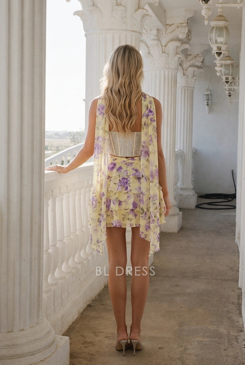 Sparkling Strapless Sleeveless Sequin Bodice Floral Ruffle Yellow Short Homecoming Dresses Women's Party