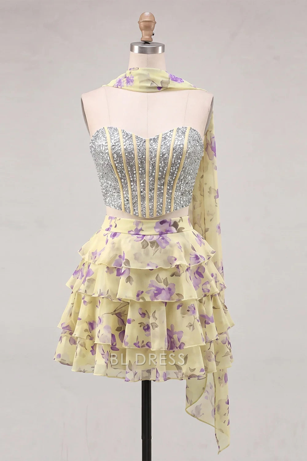 Sparkling Strapless Sleeveless Sequin Bodice Floral Ruffle Yellow Short Homecoming Dresses Women's Party