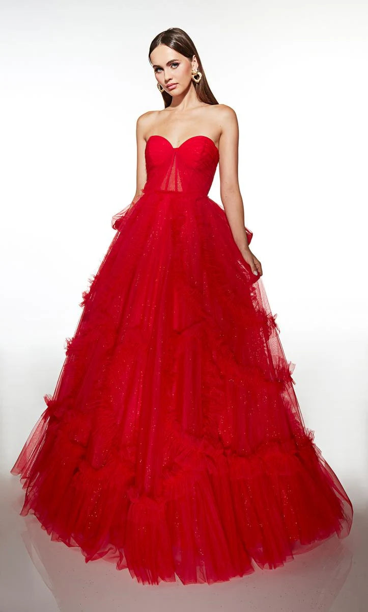 Sparkling Sweetheart Sleeveless Ruffled Tiered Red Floor-Length Prom Dresses Gown