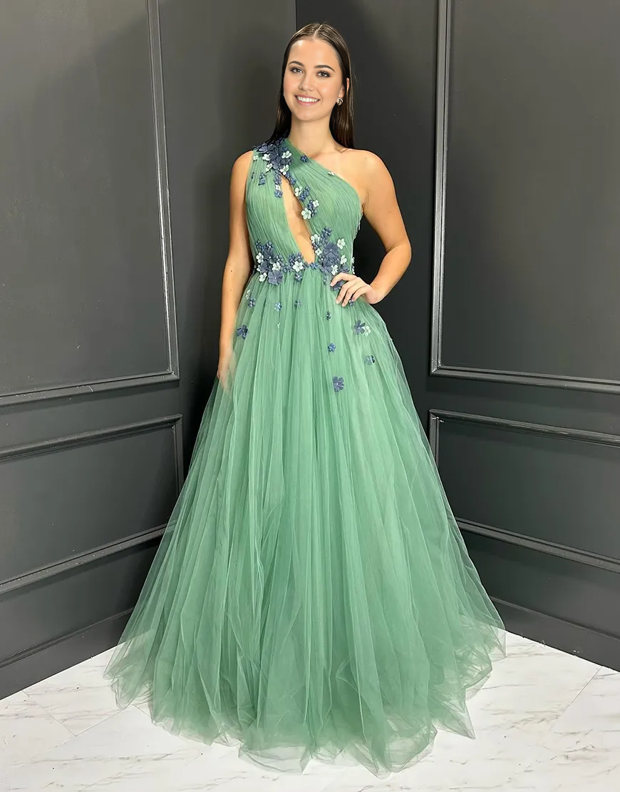 Sparkly A-line one-shoulder green prom dress with floral tulle.