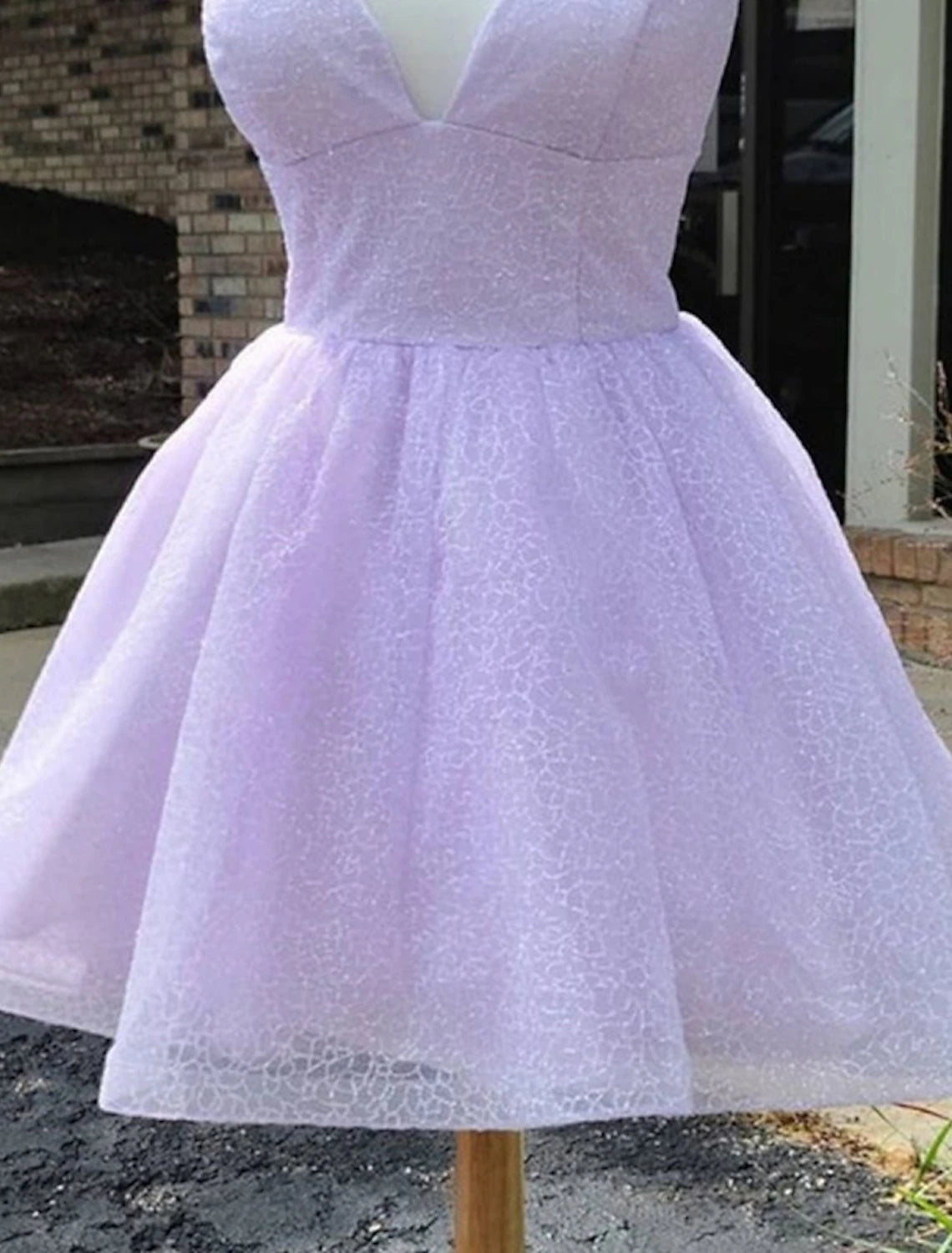 Back view of a sparkly A-line mini homecoming dress with spaghetti straps and flowing tulle.
