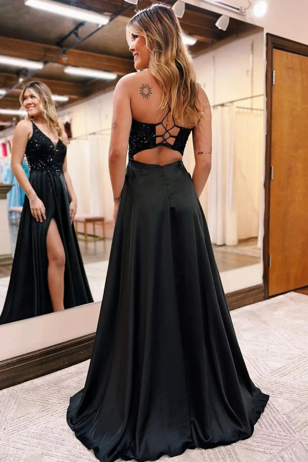 Elegant A-line prom gown with shimmering fabric.