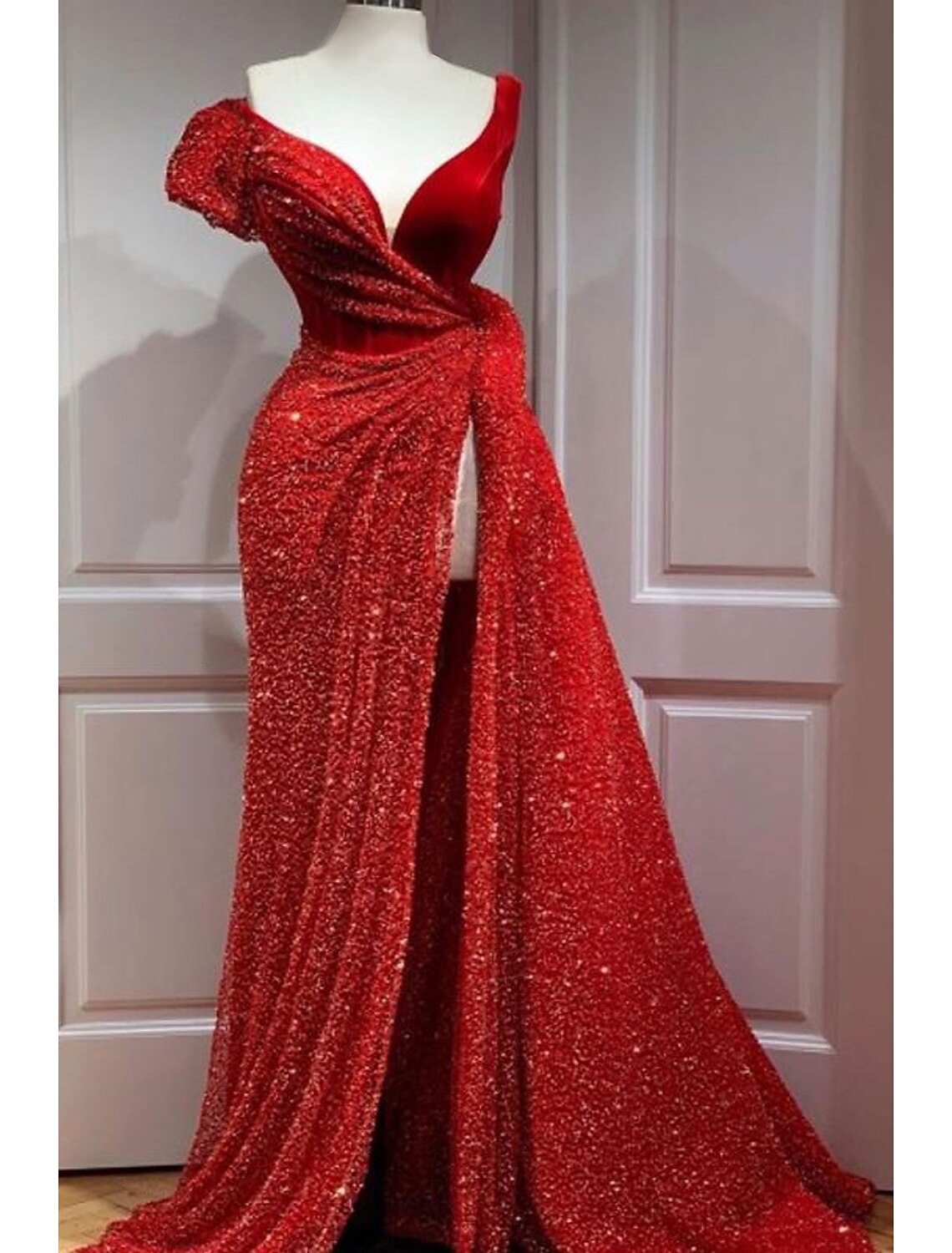 Elegant A-Line prom dress with V-neck, short sleeves, and sparkling sequin high slit.