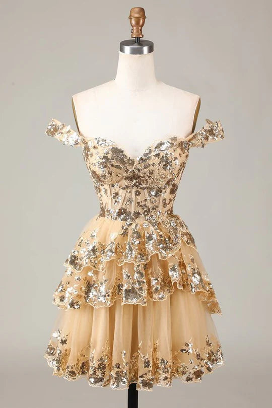Sparkly A-line V-neck mini dress with tiered skirt.