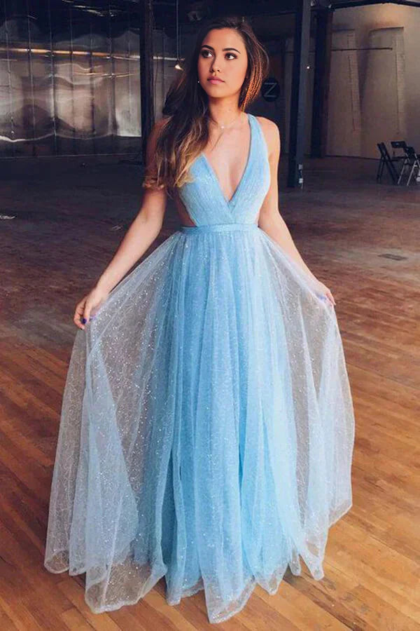 Full view of the sparkly A-line V-neck tulle prom dress.