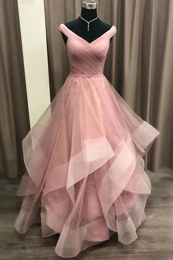 Sparkly A-line V-neck tiered tulle long prom dress.