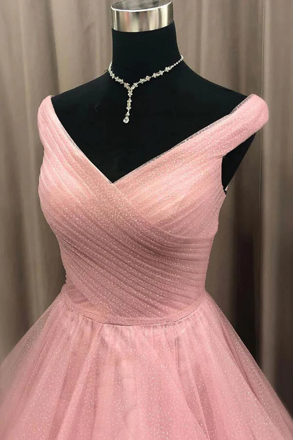 Elegant sparkly A-line V-neck tiered tulle evening gown.
