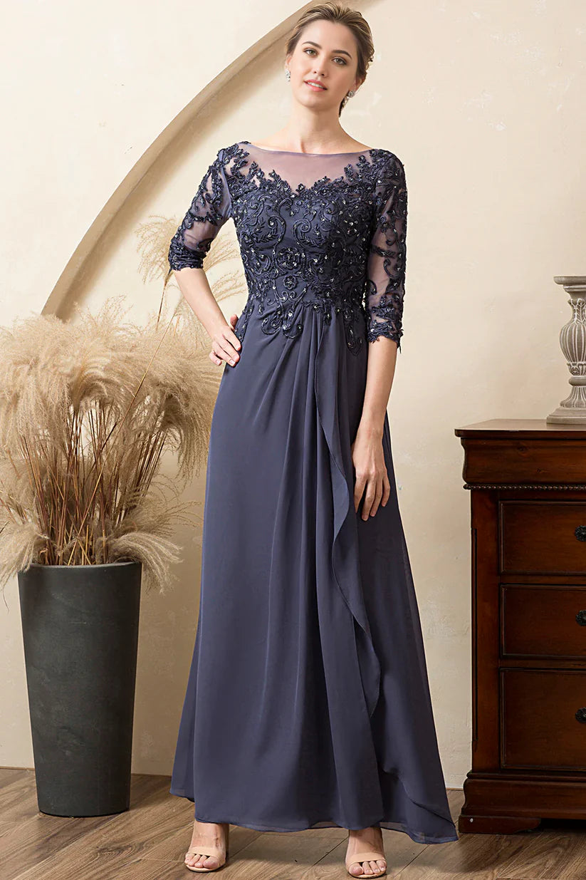 Back view of the blue A-line Mother of the Bride dress with flowing chiffon.