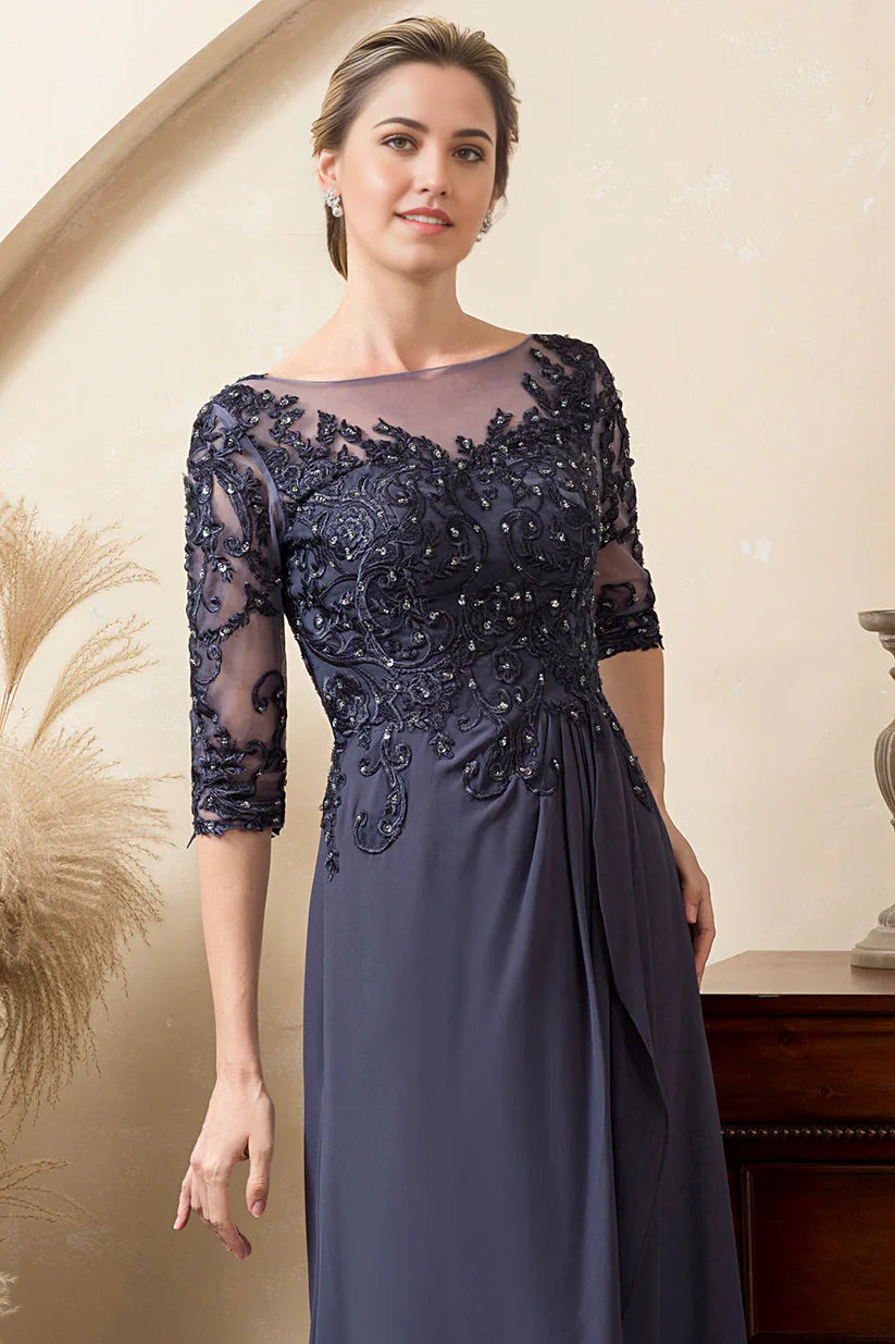 Side profile of the woman in the blue sparkly A-line dress.