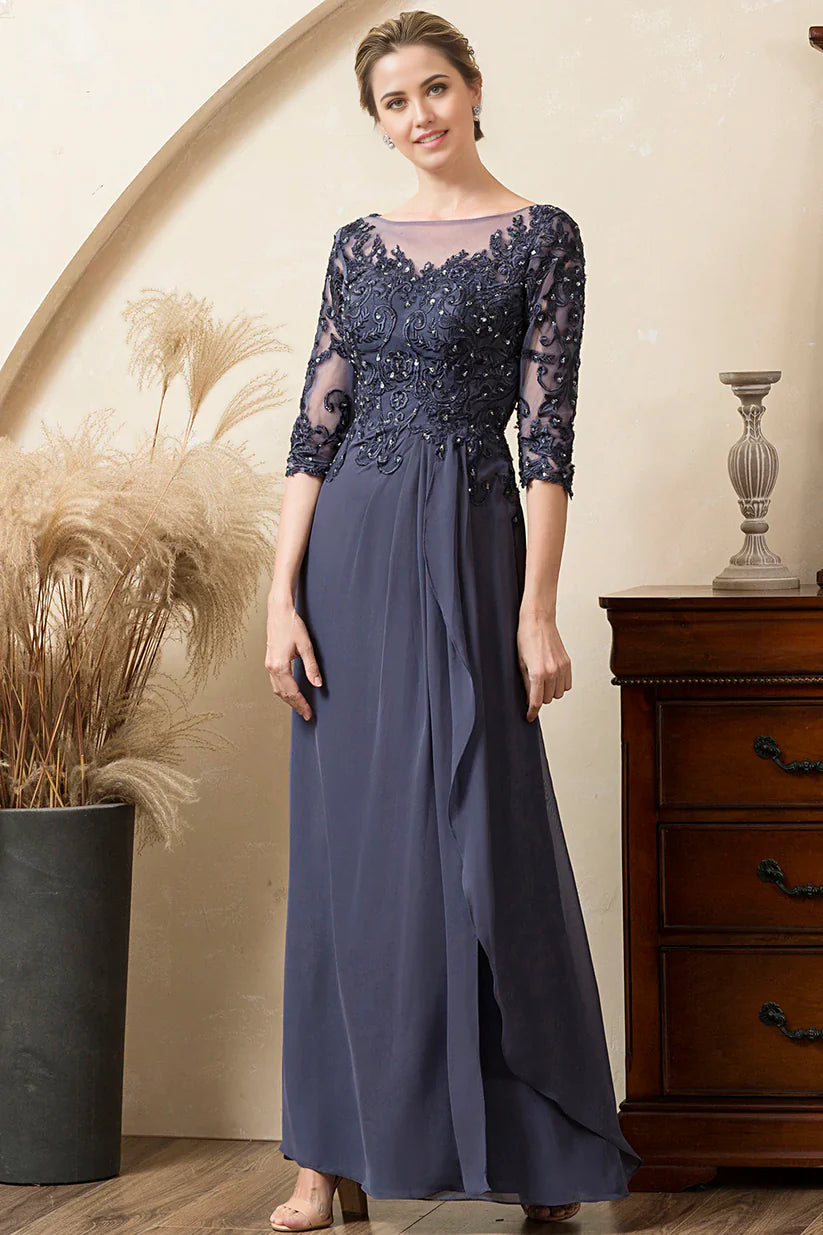 Full length view of the blue beaded chiffon A-line dress.
