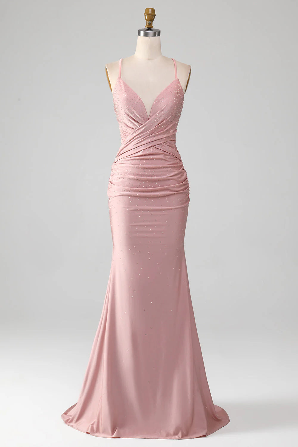 Blush pink sparkly beaded mermaid prom dress.