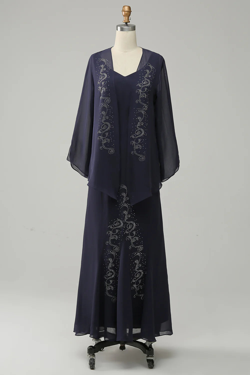 Navy blue two-piece sparkly beaded Mother of the Bride dress, front view.