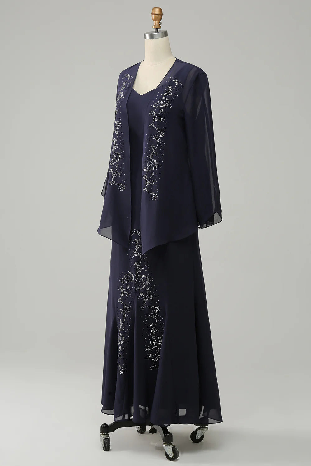 Back view of the navy blue two-piece sparkly beaded Mother of the Bride dress.