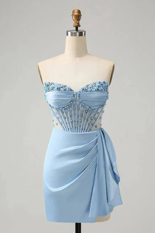 Sparkly bodycon sweetheart homecoming dress with intricate beading and corset detail.