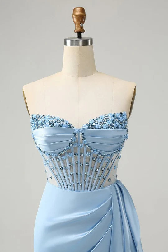 Back view of a short bodycon sweetheart dress with elegant beading.